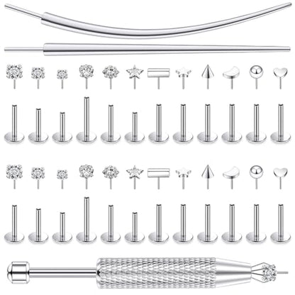 20/18/16g Gold Flat Back Threadless Earrings Nose Rings Lip Studs Surgical Steel Piercing Jewelry for Women Men - color: Surgical Steel, size: 16g=1.2mm
