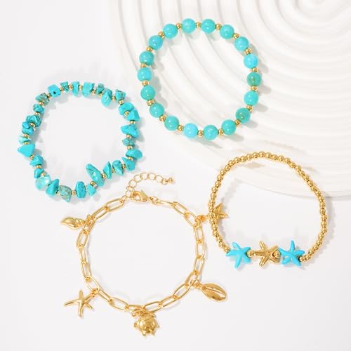 LALAPPLE Shell Bracelet Boho Beaded Stretch Bracelets for Women Seashell Strand Bracelets Starfish Charm Jewelry Summer Beach Jewelry Stackable Crystal Gold Plated Beads Bracelet for Women - style: T-Style5