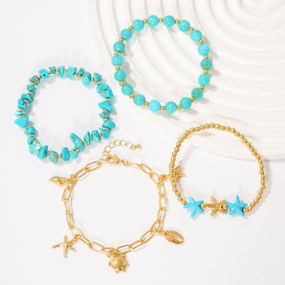 LALAPPLE Shell Bracelet Boho Beaded Stretch Bracelets for Women Seashell Strand Bracelets Starfish Charm Jewelry Summer Beach Jewelry Stackable Crystal Gold Plated Beads Bracelet for Women - style: T-Style5