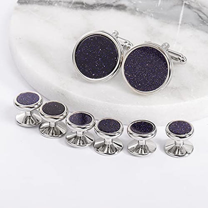HAWSON Fashion Mother-of-Pearl Tuxedo Shirt Button and Cufflink Set, Specially Designed for Wedding Business - color: Silve Tone- Blue Sand Stone
