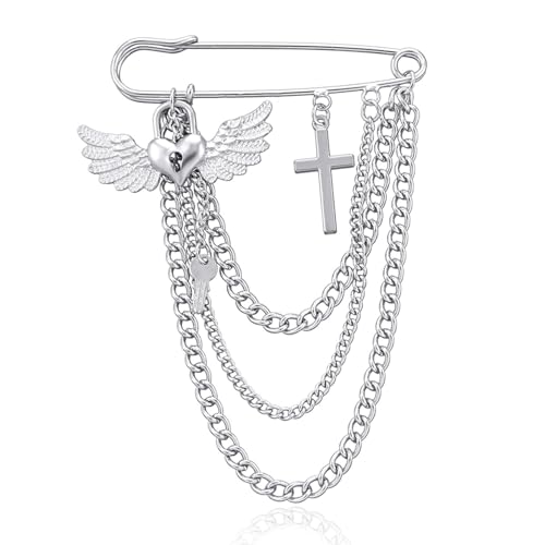 Punk Gold Silver Star Moon Tassel Chain Brooch,Vintage Crystal Moon Star Collar Pins Cubic Zirconia Sweater Shawl Clips Collar Brooch for Women - color: A