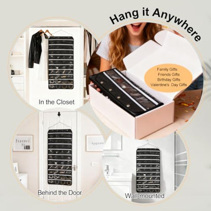 Hanging Jewelry Organizer Storage Roll 80 Zippered Pockets with Detachable Hanger Double-Sided Foldable, Travel Jewelry Holder for Earrings, Rings, Bracelets, Hanging on Closet, Wall, Door, Black - size: 80 Zippered Pockets