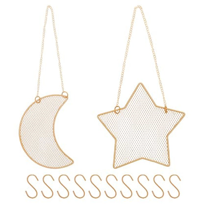 2pcs Gold Wall Mounted Earring Organizer with 10 Hooks,Decorative Jewelry Stand Diamond Grid Display Rack Hanging Hook,Metal Jewelry Holder for Home/Necklaces/Bracelets(Star+Moon) - size: Star+Moon