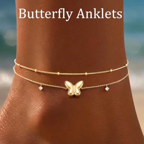 Gold/Sterling Silver Anklet Bracelets for Women Waterproof, Non Tarnish 925 Sterling Sliver Plated Heart Evileye Butterfly Charm, Dainty Summer Beach Anklets for Women, Beach Vacation Bikini Outfits for Her Mom - style: Butterfly-Gold
