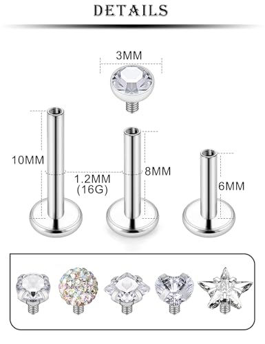 16G Lip Labret Medusa Rings Studs Internally Threaded 316L Surgical Steel Snake Bite Lip Rings Flat Back Catilage Tragus Helix Daith Earrings Piercings Jewelry for Women Men 8mm - color: 16G-6mm 8mm 10mm Bars