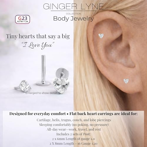 Titanium Heart CZ Labret Stud Earrings for Piercings by Ginger Lyne 6Pc Set G23 Screw Front Flat Back Body Jewelry 2 pair post 6mm, 8mm Cartilage, Helix, Tragus, Lip, Conch, Lobe - color: 5mm-Clear