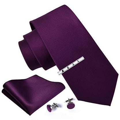GUSLESON New 3.15"（8cm） Solid Color Necktie and Pocket Square Cufflinks Clip Set - color: Purple