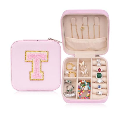 ETHOON Jewelry Travel Case Small Organizer Stocking Box Personalized Gifts Teenage Jewelry Accessories Holiday Wedding Christmas Gift for Women Pink, Letter T - color: Pink T