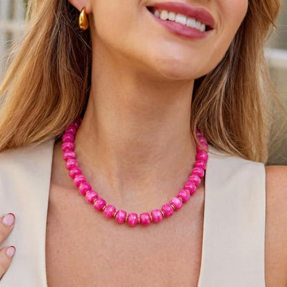 Chunky Colorful Choker Necklace for Women - Summer Beach Round Resin Beads Necklace, Trendy Statement Summer Beach Jewelry Birthday Gifts for Vacation Holiday - color: 14mm Rose Red Beads