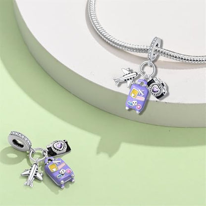 Pandach 925 Sterling Silver Charms for Bracelet&Necklace Dangle Pendant Bead with 5A Cubic Zirconia Stones,Jewelry Beads Gifts for Women - style: Camera Airplane Luggage