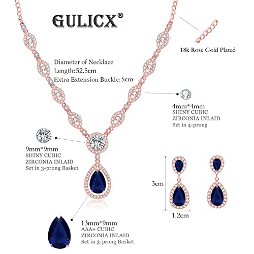 GULICX AAA Cubic Zirconia CZ Silver Plated Base Women's Party Jewelry Set Earrings Pendant Necklace - color: Blue CZ-Rose gold Plated