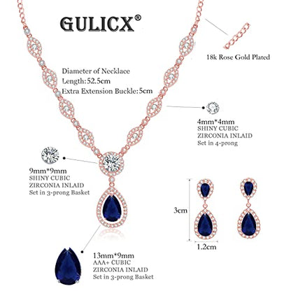 GULICX AAA Cubic Zirconia CZ Silver Plated Base Women's Party Jewelry Set Earrings Pendant Necklace - color: Blue CZ-Rose gold Plated