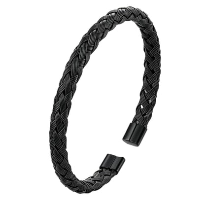 Stainless Steel Braided Cable Cuff Bangle Bracelet, Adjustable, Mens Womens, Minimalist - color: Black