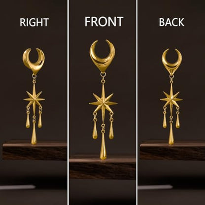 ERKUOO 2PCS Ear Gauges Star Dangle Saddle Ear Tunnels Plugs Flesh Piercing Earrings Expander For Women Body Jewelry - color: 1 Gold, size: 8 mm