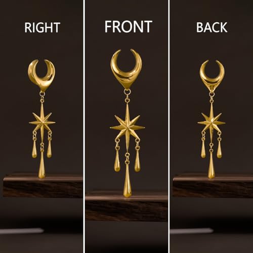 ERKUOO 2PCS Ear Gauges Star Dangle Saddle Ear Tunnels Plugs Flesh Piercing Earrings Expander For Women Body Jewelry - color: 1 Gold, size: 19 mm