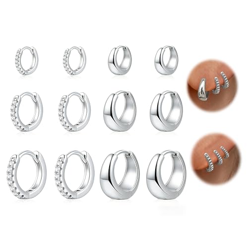 HILXURY 6 Pairs Small Gold Huggie Hoop Earrings for Women, 14K Gold Plated Cartilage Piercings Hoop Earrings Hypoallergenic, Trendy Lightweight Chunky Hoops Set for Women Gifts. - color: E- Silver
