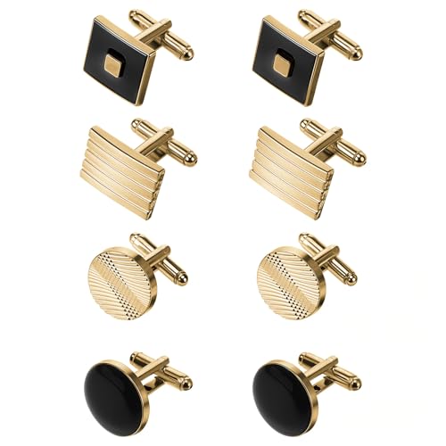 COMNICO 4 Pairs Cufflinks for Men Classic Tone Cuff Links Fashion Men Cufflinks Gold/Sliver Striped Disc Square Rectangle Cuff Links for Business Wedding Party Gift Box - color: glod