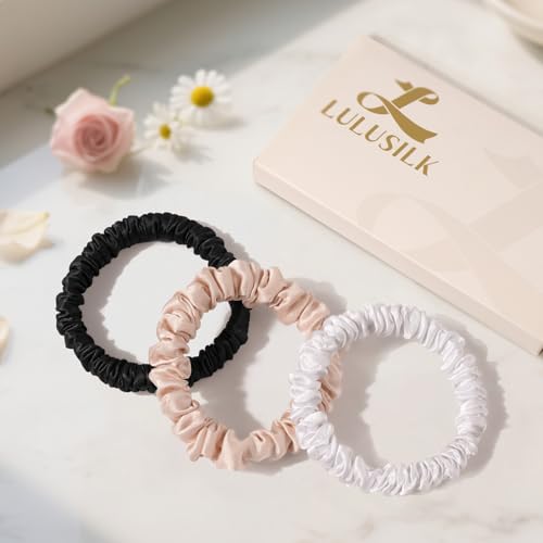 LULUSILK Small Silk Hair Ties No Damage, 100% Real Mulberry Silk, Skinny Scrunchies Ponytail Holders for Thin Fine Hair, Black White and Lotus Pink, Pack of 3 - color: Black&White&Lotus Pink