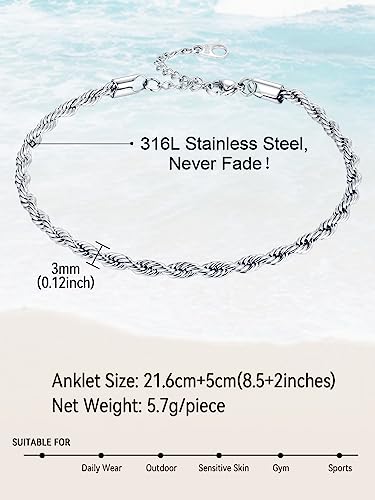 FaithHeart Waterproof Ankle Bracelets for Women, 1/2/3Pcs Non Tarnish Stainless Steel Layered Anklet Set Paperclip Figaro Cuban Link Chain Dainty Summer Beach Jewelry Gift Adjustable Size - style: f.Figaro - Silver