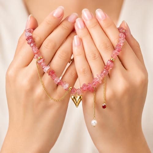 Pink Natural Stone Heart Pendant Necklace for Women, 18K Gold Stainless Steel Beaded Choker Necklace, Romantic Layered Jewelry