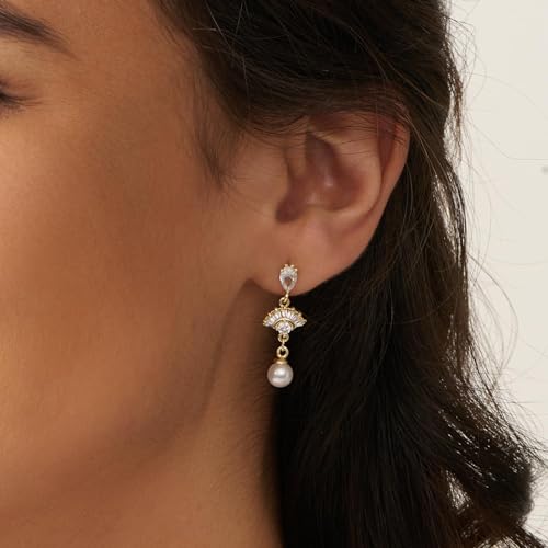 Pearl Earrings - 14K Gold/White Gold/Rose Gold Plated Cubic Zirconia CZ Diaomond Accented Pearl Drop Dangle Earrings for Women Wedding Bridal Prom - color: Fan Dangle