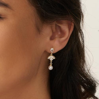 Pearl Earrings - 14K Gold/White Gold/Rose Gold Plated Cubic Zirconia CZ Diaomond Accented Pearl Drop Dangle Earrings for Women Wedding Bridal Prom - color: Fan Dangle