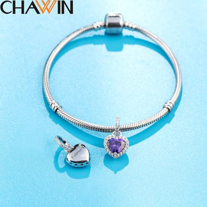 CHAWIN Birthstone Charms, 925 Sterling Silver Heart Dangle Charm, Sparkling CZ Compatible with Pandora Charm Bracelet, Necklace, Birthday Gifts for Women/Wife/Mother - style: 02# February
