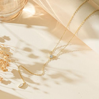 14K Gold Plated Layered Lariat Necklace for Women - Waterproof Non-Tarnish Dainty Gold Chain Necklace, Long Boho Statement Jewelry for Wedding, Prom, Summer Vacation Gifts - color: Two CZ Y Necklace-Gold