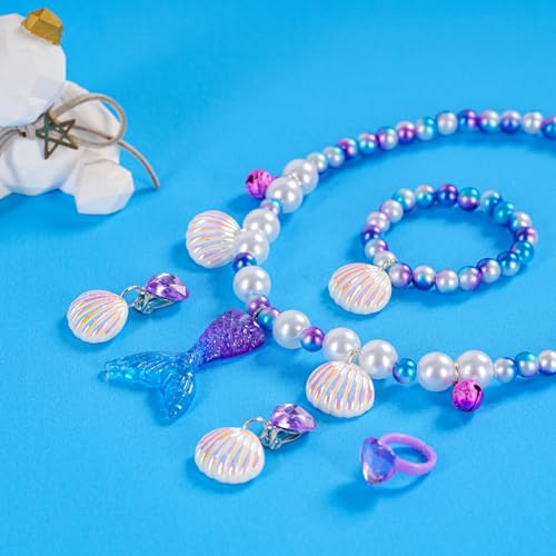 Mermaid Necklace Bracelet Set Mermaid Jewelry Kit Included Shell Necklace Bracelet Ring Earrings Accessories - color: Purple+blue