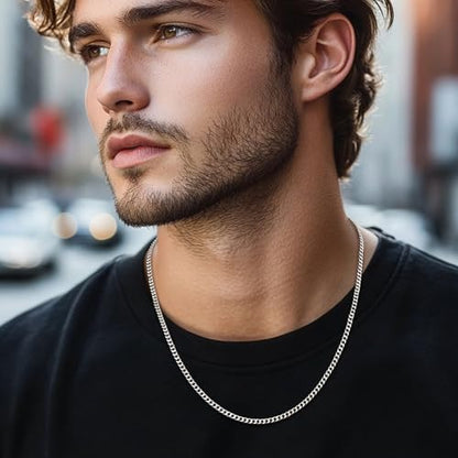 sovesi 3.5/5mm Cuban Link Chain Necklace for Men, Silver Tone/Black/14K Gold Plated Stainless Steel Necklace Chain, Mens Chain 16-28 Inch Jewelry Gift - size: 16 inches, style: Silver 3.5mm