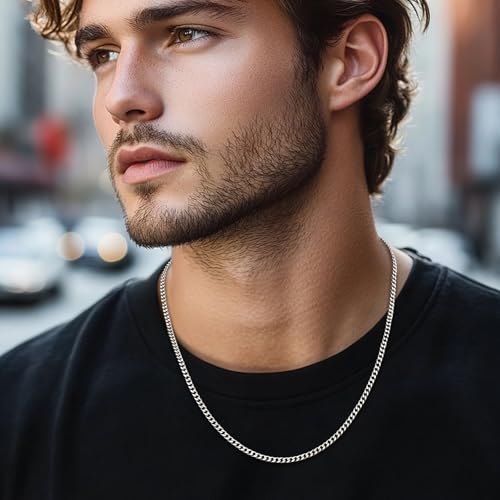 sovesi 3.5/5mm Cuban Link Chain Necklace for Men, Silver Tone/Black/14K Gold Plated Stainless Steel Necklace Chain, Mens Chain 16-28 Inch Jewelry Gift - size: 20 inches, style: Silver 3.5mm