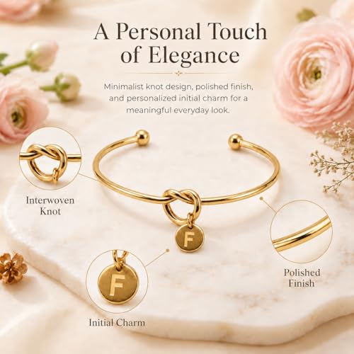 LemonRose Initial Bracelets for Women - Dainty Tie the Knot Letter A-Z 14K Gold Plated for Women Gold Cuff Bracelet for Womens Jewelry Personalized Bridesmaid Proposal Gifts - color: Gold F