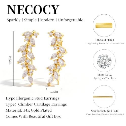 Ear Climber Earrings for Women, 14K Gold Plated/Silver Plated | Crawler Earrings Pierced with Cubic Zirconia, Hypoallergenic Cluster Stud Tragus Conch Daith Cartilage Jewelry Gift for Daily - color: Gold-7