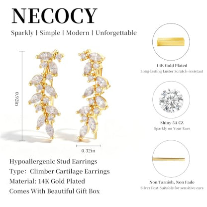 Ear Climber Earrings for Women, 14K Gold Plated/Silver Plated | Crawler Earrings Pierced with Cubic Zirconia, Hypoallergenic Cluster Stud Tragus Conch Daith Cartilage Jewelry Gift for Daily - color: Gold-7