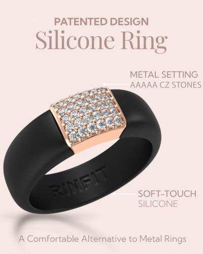 Rinfit Silicone Ring with Metal Plate & CZ for Women | AAAAA Grade Cubic Zirconia Stones, Flexible Rubber Wedding Band, Comfortable Fit, Engagement Ring for Her, Patented Design - color: Pack B: Black and Rose Gold