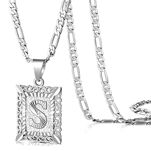 KissYan Initial Necklaces for Women Men | 14K Gold Filled/White Gold Plated, Square Letter Capital Monogram Pendant with 20''+2'' Figaro Chain, Alphabets from A-Z - color: 2-Silver, style: S