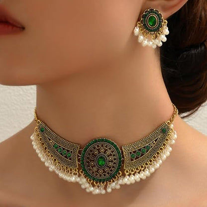 Frodete Indian Jewelry Sets for Women Traditional Bohemian Wedding Jewelry Set Indian Dresses for Women Oxidized Ethnic Party Prom Wear - color: C1:green indian jewelry sets