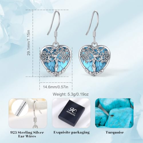 AEONSLOVE Tree of Life Crystal Earrings with Sterling Silver Ear Hooks, Dangle Drop Tree Earrings Gifts for Women - style: A01-Turquoise-Heart