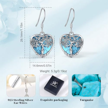 AEONSLOVE Tree of Life Crystal Earrings with Sterling Silver Ear Hooks, Dangle Drop Tree Earrings Gifts for Women - style: A01-Turquoise-Heart
