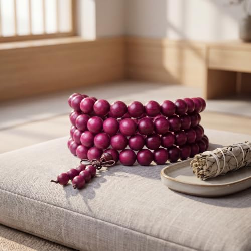 Handmade Mala Beads Bracelet 108 8mm Prayer Meditation Bracelet Sandalwood Elastic, Buddhist Beads, Prayer Mala Necklace for Men and Women Gifts - color: Violet Wood