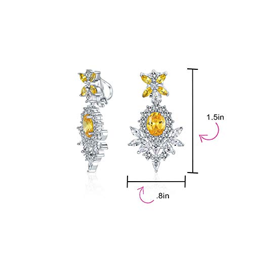 Cocktail Leaf Motif Multi Color CZ Chandelier Clip-On Earrings Silver Plate - color: Yellow