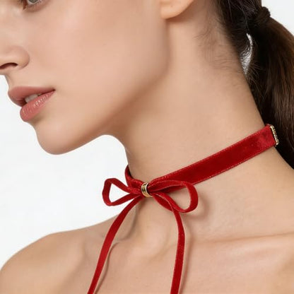 Trinkrittey Gothic Bow Knot Velvet Choker Red Velvet Choker Vintage Necklace Ribbon Collar Necklace for Women Party Jewelry Accessories