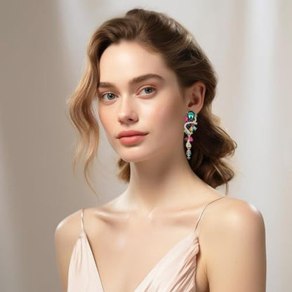 Fashion Rhinestone Statement Drop Dangle Earrings Long Colorful Crystal Bridal Wedding Teardrop Chandelier Earrings for Women Prom Pageant - color: Colorful
