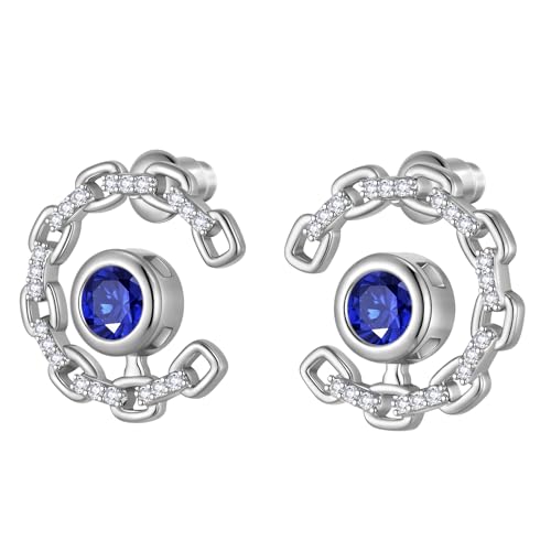 Elegant C-Shaped Crystal Stud Earrings with Birthstone Earring Silver Plated Fashion Jewelry for Women CE0003 - color: Blue-September