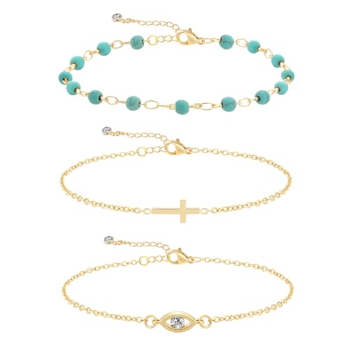 Cuzmly Bracelets for Women, Waterproof 14K Gold/Silver Plated Stackable Bracelets for Women Non Tarnish Trendy Dainty Paperclip Figaro Box Herringbone Hand Chain Bracelet Pack Stack Adjustable Jewelry for Women - style: 3 Cross
