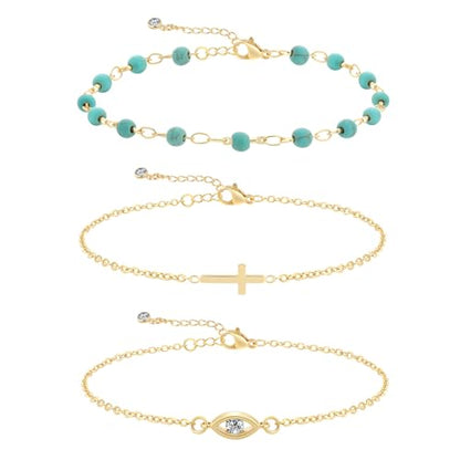Cuzmly Bracelets for Women, Waterproof 14K Gold/Silver Plated Stackable Bracelets for Women Non Tarnish Trendy Dainty Paperclip Figaro Box Herringbone Hand Chain Bracelet Pack Stack Adjustable Jewelry for Women - style: 3 Cross
