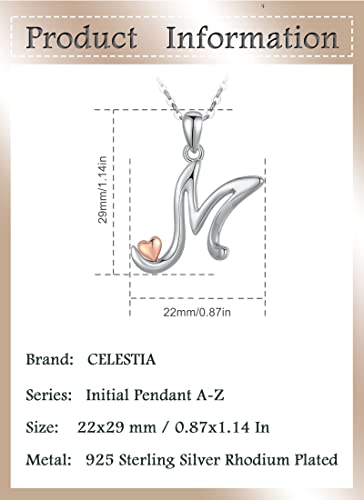 CELESTIA 925 Sterling Silver Initial Necklaces 26 Letter with Rose Gold Heart - 18 Inch Chain - color: M-Initial