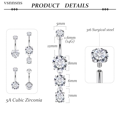 Vsnnsns 14G Dangle Belly Button Ring Piercing Jewelry 316L Stainless Surgical Steel Round Heart Cubic Zirconia Navel Rings Dangling Belly Button Ring Piercing Jewelry for Women 14 Gauge Hypoallergenic - color: Silver-12MM Bar-Clear CZ