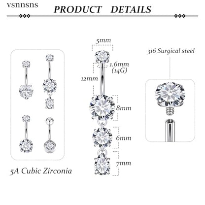 Vsnnsns 14G Dangle Belly Button Ring Piercing Jewelry 316L Stainless Surgical Steel Round Heart Cubic Zirconia Navel Rings Dangling Belly Button Ring Piercing Jewelry for Women 14 Gauge Hypoallergenic - color: Silver-12MM Bar-Clear CZ