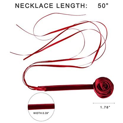 Black Choker Camellia Flower Lace-up Necklace For Women - color: Red ribbon rose